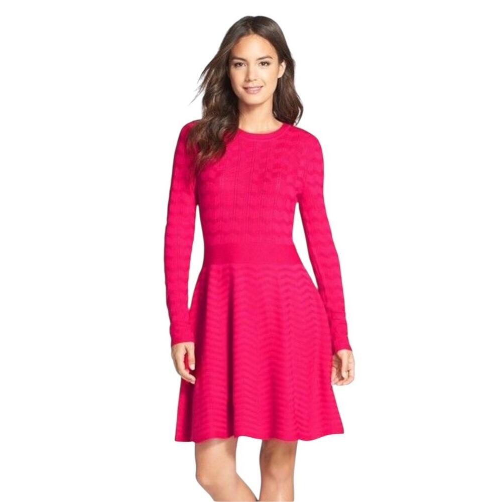 Eliza J Pink Cable Knit Long Sleeves A Line Fit & Flare Sweater Dress Size Med